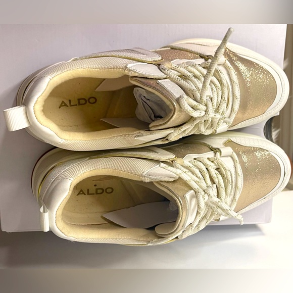 Aldo | White, Gold, & Cream Patchwork Platform Sneakers - Picture 3 of 6